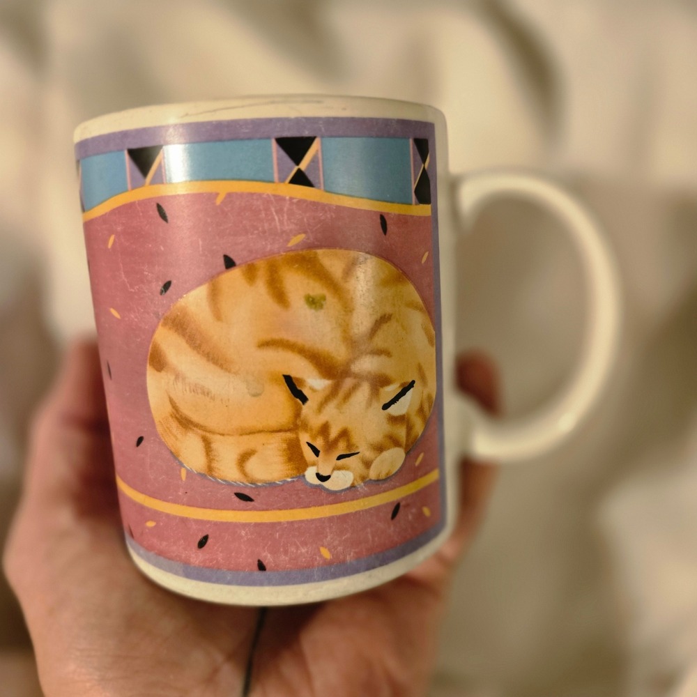 VTG Otagiri Sleeping Cat Mug Angela Ackerman Orang Floral Ceramic Pink Cup Japan